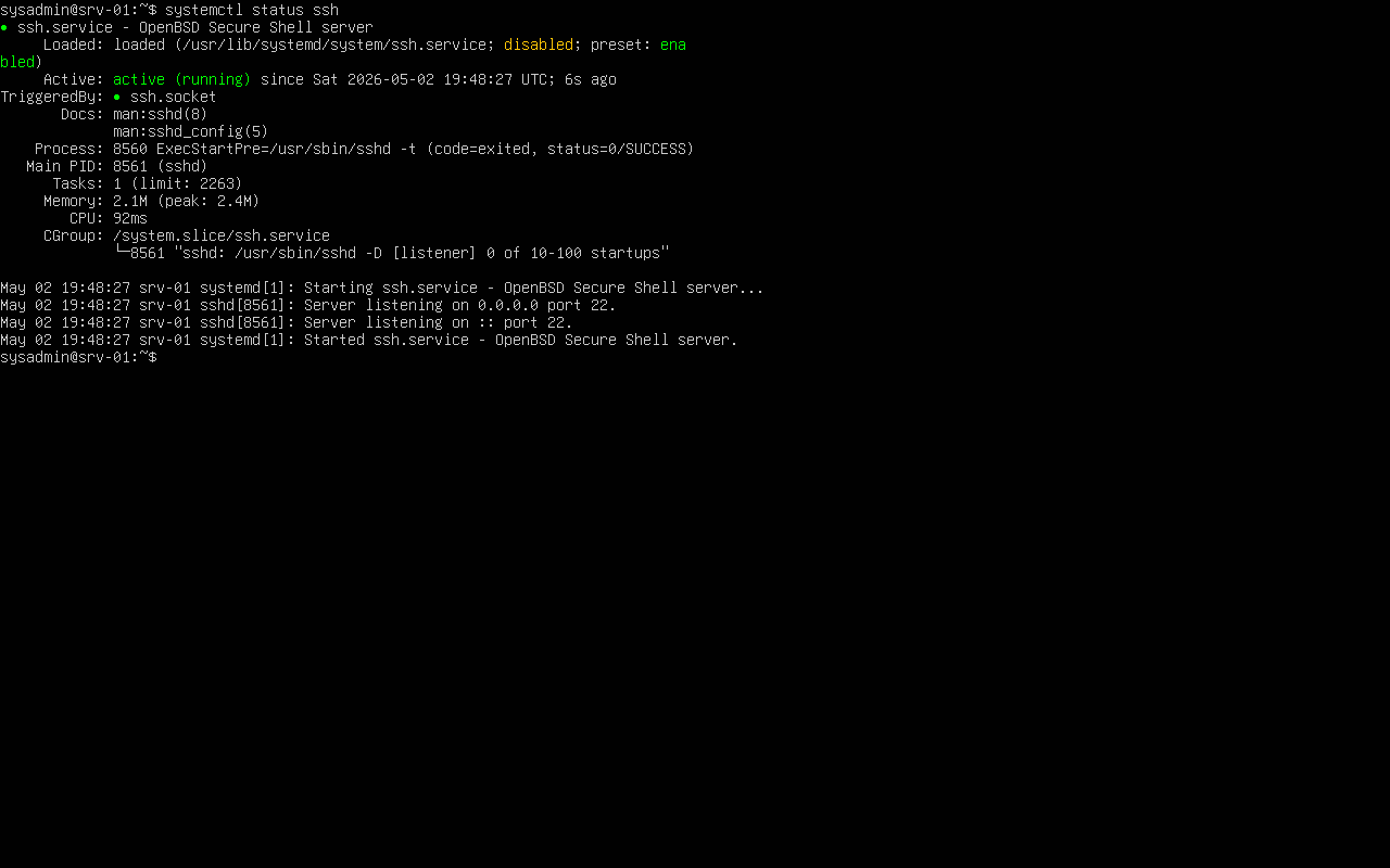 systemctl status output showing SSH service active and running on Ubuntu Server