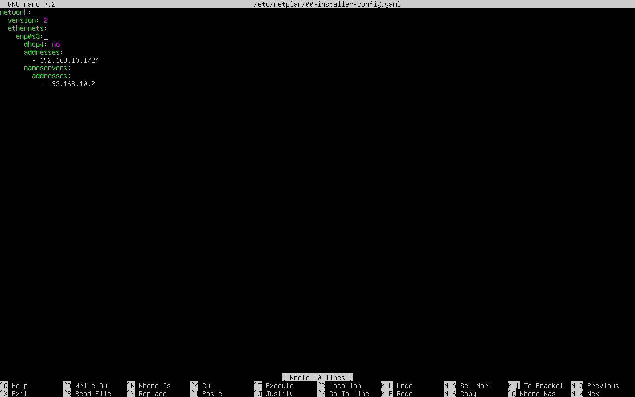 Netplan configuration file on Ubuntu Server assigning static IP 192.168.10.1 within the lab-net subnet