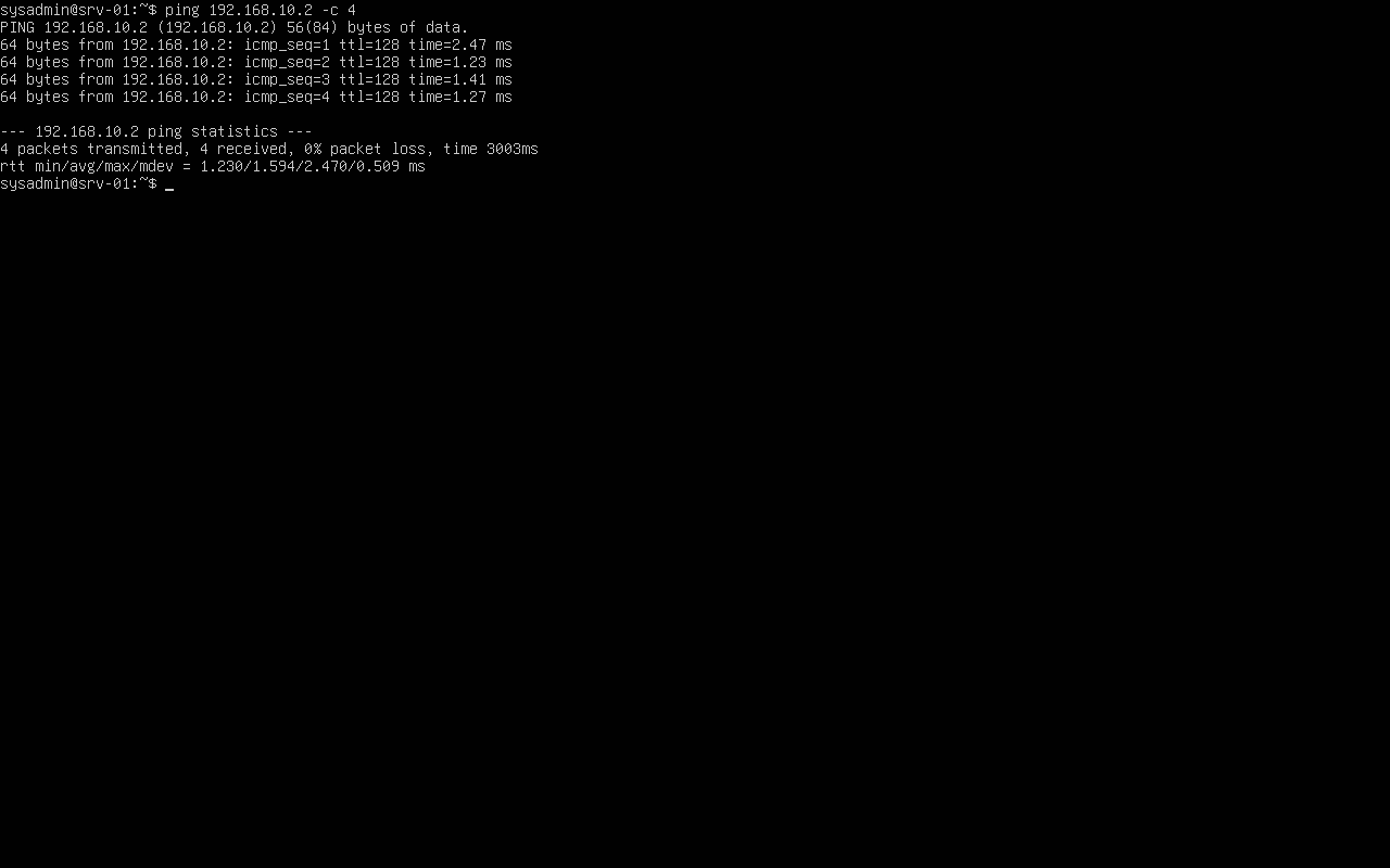 Successful ICMP ping from Ubuntu Server at 192.168.10.1 to Windows Server at 192.168.10.2
