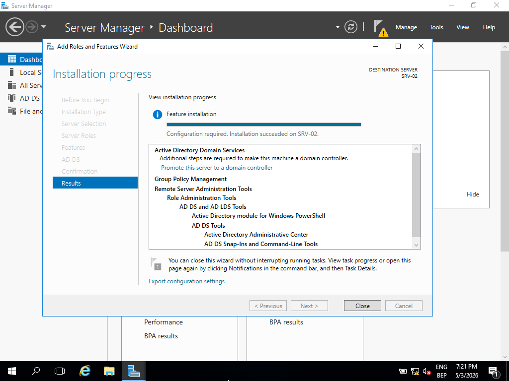 Active Directory Domain Services role installation completed successfully