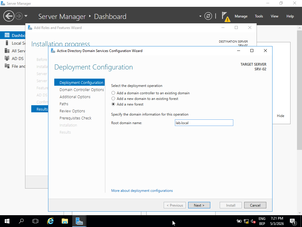 Domain name lab.local entered during Active Directory Domain Services promotion wizard
