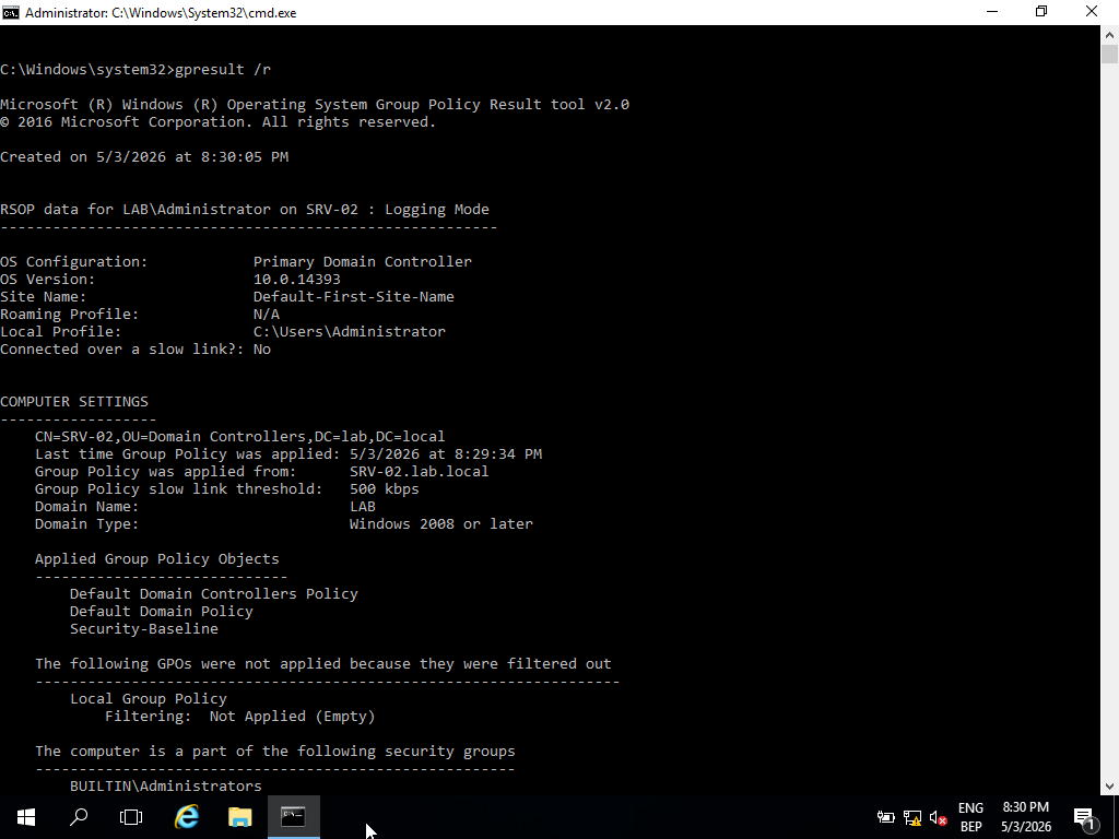 gpresult /r output on domain-joined client confirming applied Group Policy Objects