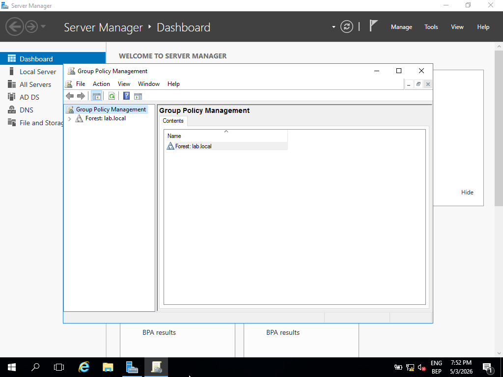 Group Policy Management Console showing GPO structure linked to domain and organizational units