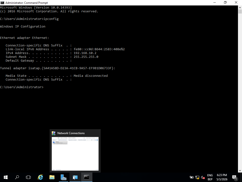 Static IP 192.168.10.2 and DNS self-reference configured on Domain Controller