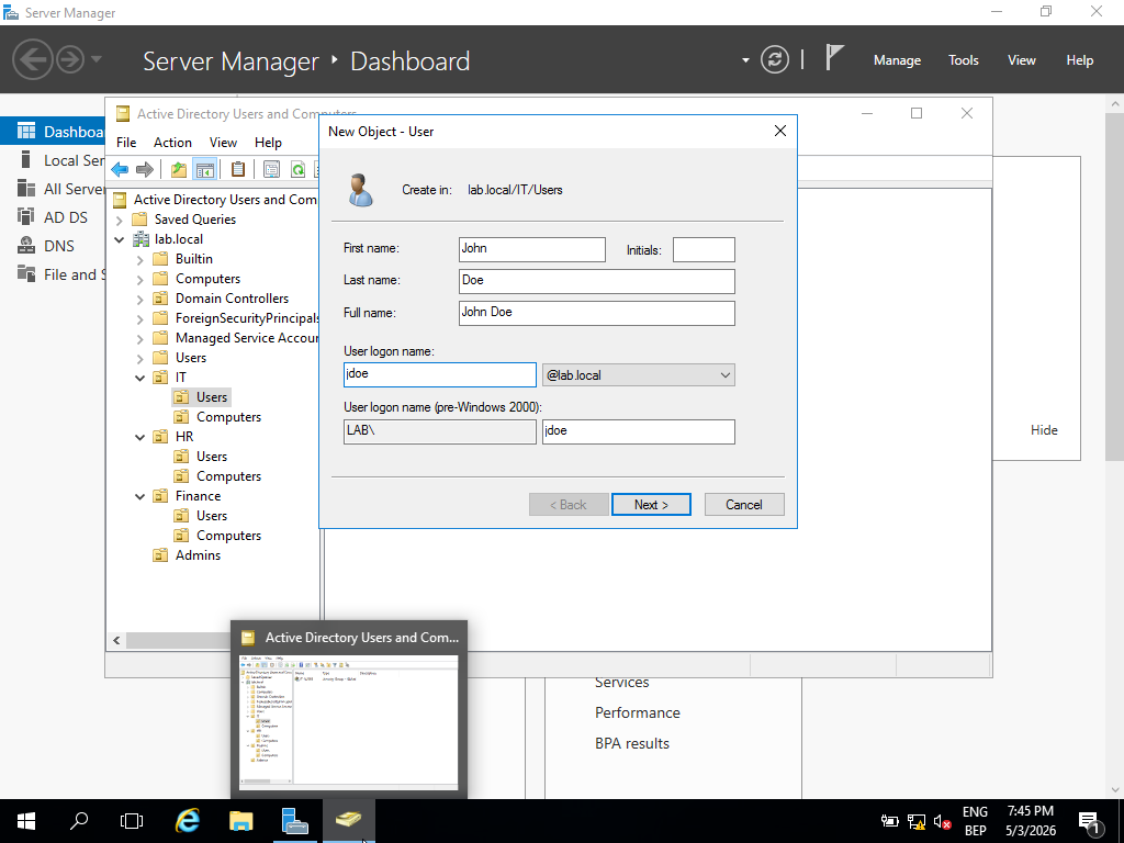 Domain user accounts created with role-based naming within an Organizational Unit