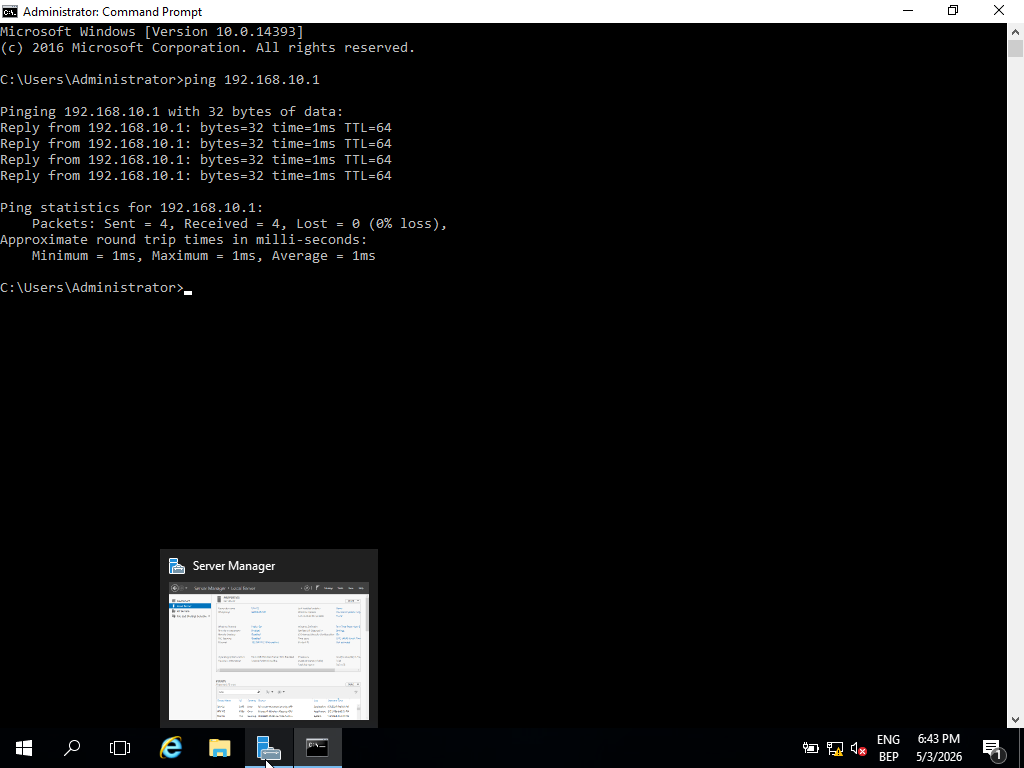 Successful ICMP ping from Windows Server 2016 at 192.168.10.2 to Ubuntu at 192.168.10.1
