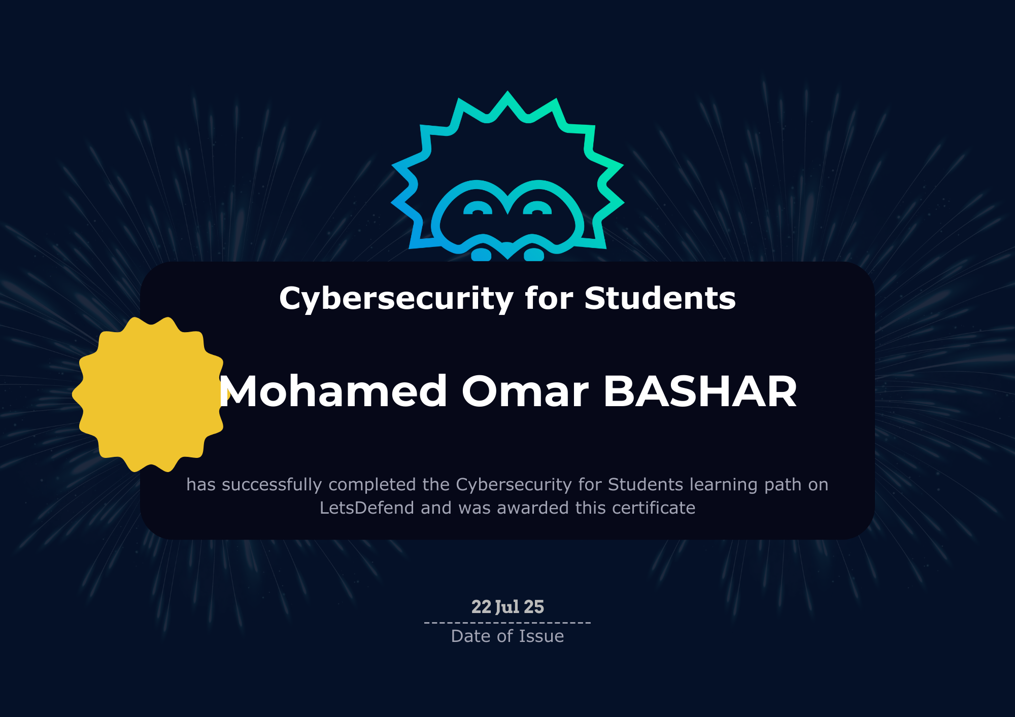 LetsDefend Cybersecurity for Students Certificate